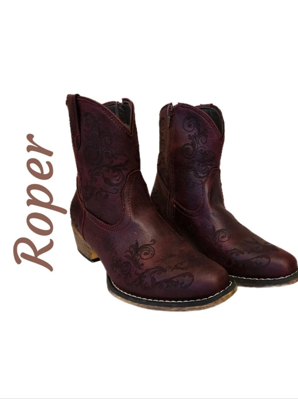 Roper Women's Sz 7.5 Short Stuff Snip Nose Western Boots Dark Maroon Tool Design